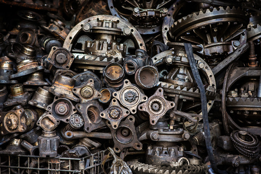 Scrap parts from farm machinery can be recycled.